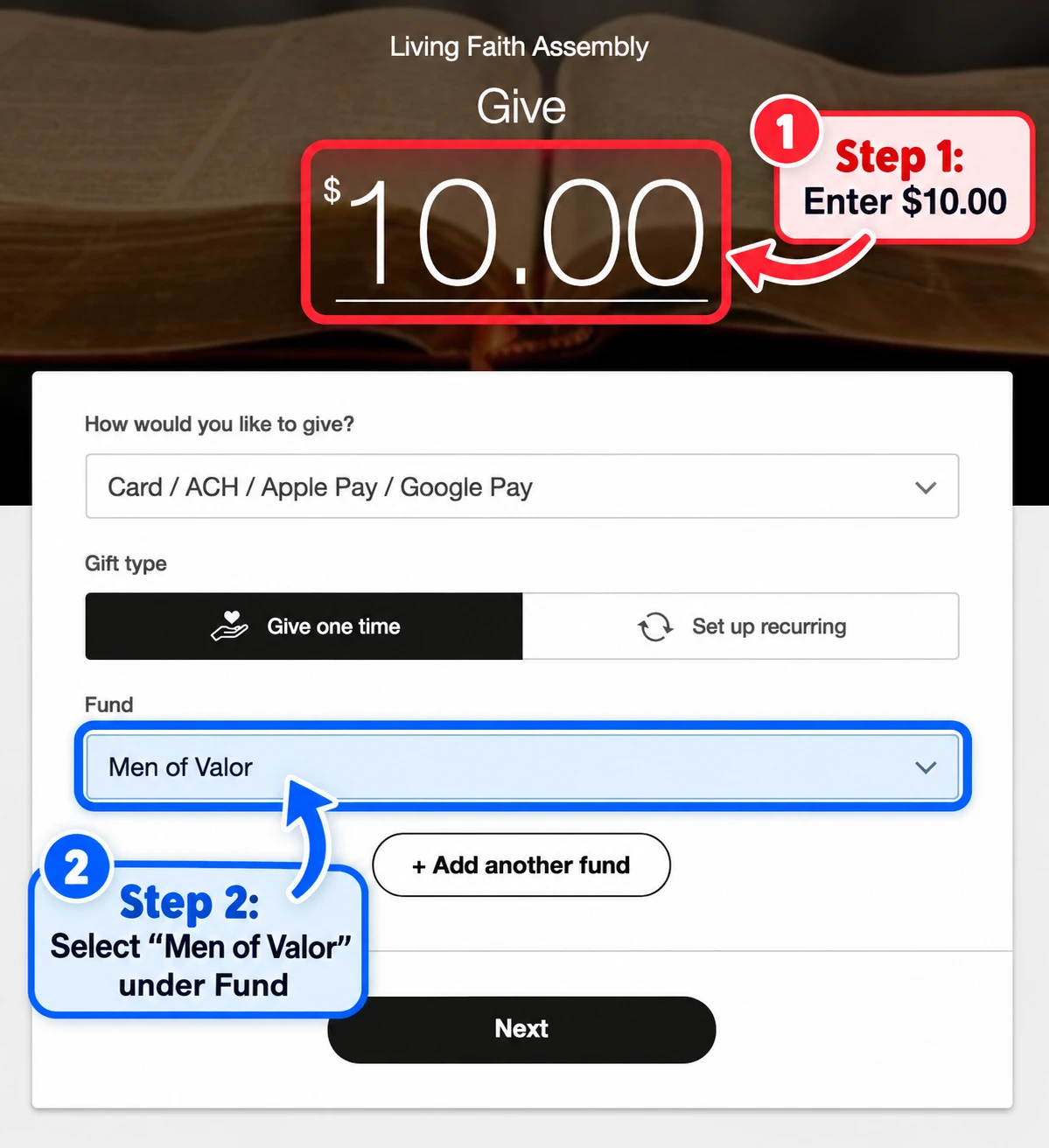 Pushpay instructions showing $10 entered and Men of Valor selected under Fund