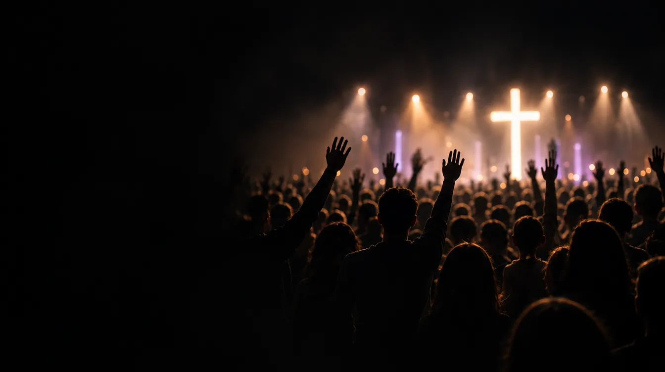People worshipping before an illuminated cross